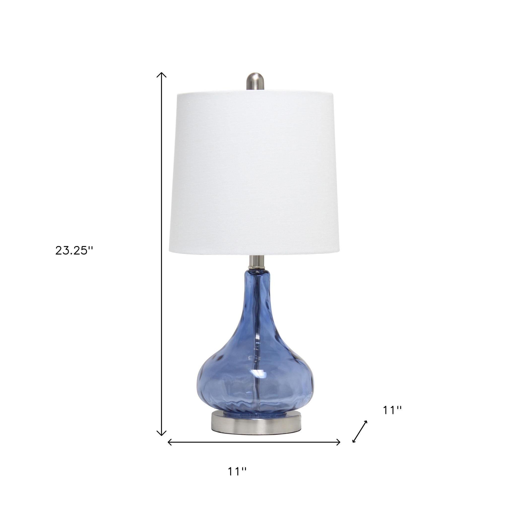 23" Dark Blue And Silver Glass And Metal Novelty Table Lamp With White Drum Shade