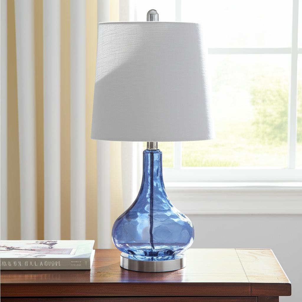 23" Dark Blue And Silver Glass And Metal Novelty Table Lamp With White Drum Shade