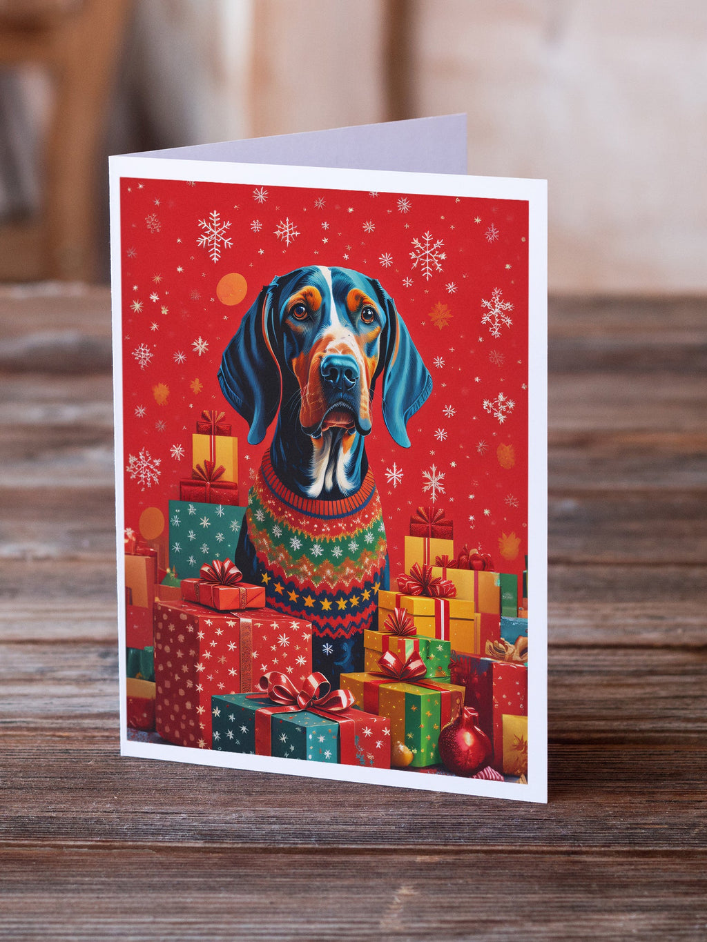 American English Coonhound Christmas Greeting Cards Pack of 8